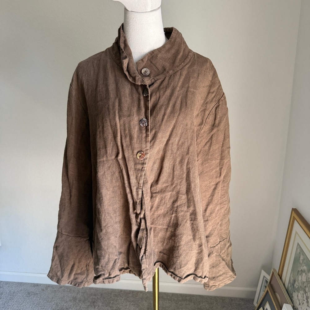 Bryn Walker Linen Button Down Jacket Unique Collar Oversized Brown Top